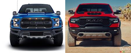 The Ford F-150 Raptor and the Ram 1500 TRX, front